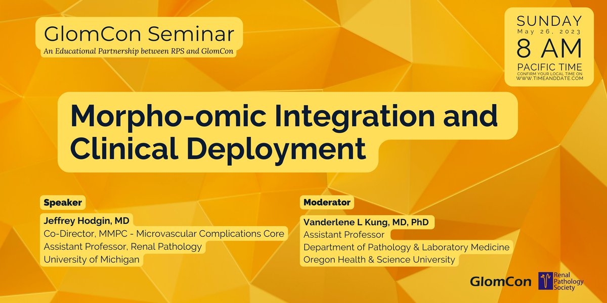 Join GlomCon and @Renalpathsoc this Sunday: Morpho-omic Integration and Clinical Deployment by Dr. Jeffrey Hodgin ID: 875 5077 1266 Passcode 202122 sign up 👉🏻 bit.ly/signup-glomcon #GlomCon