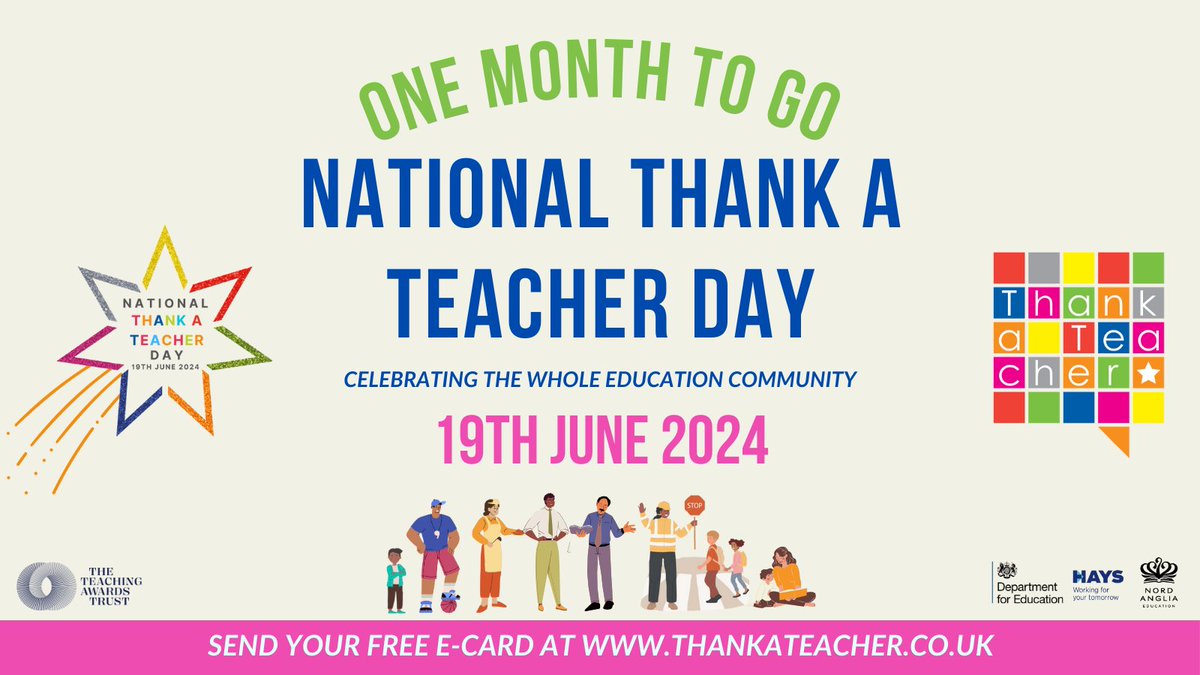 National #ThankATeacherDay is in less than a month - on 19th June! Why not thank a special teacher or support staff member who goes the extra mile? You can send a free, personalised limited edition e-card via the Thank a Teacher website: bit.ly/3ygP5vw