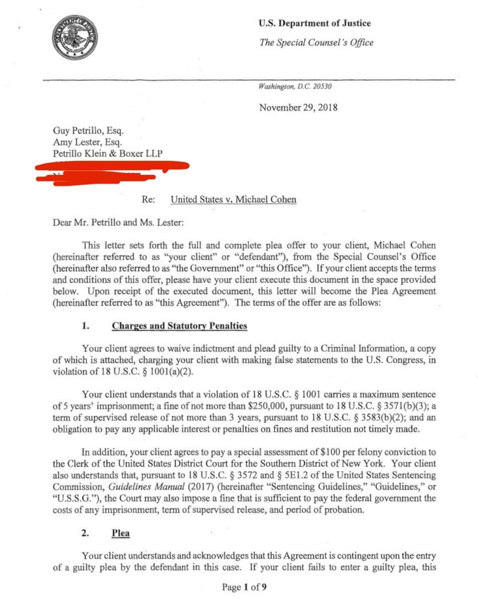 Donald Trump can't share this because Judge Merchan's gag order. BUT WE CAN Here's the front page of Michael Cohen's Plea Agreement, WHERE HE ADMITS TO LYING