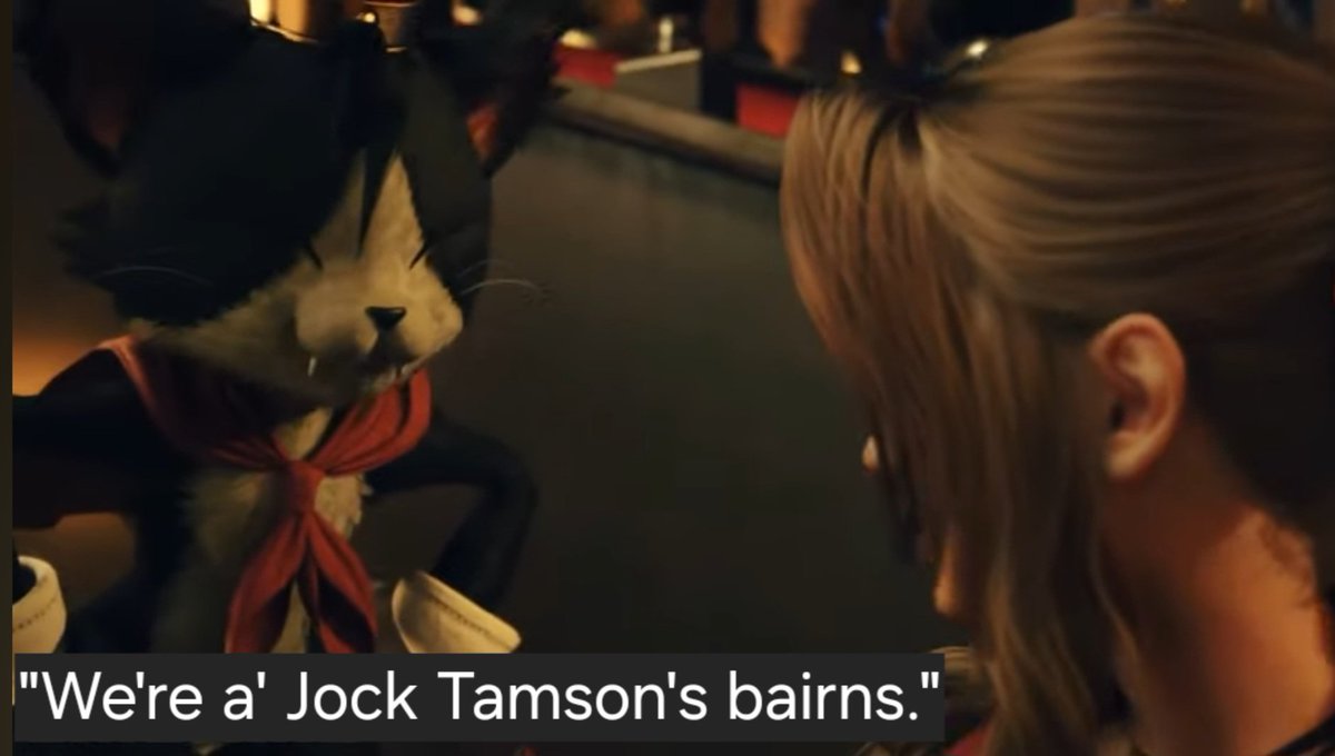 Fortunes and phrases with Cait Sith #Scottish style #3 🏴󠁧󠁢󠁳󠁣󠁴󠁿🐈‍⬛️📣 a' - all bairns - children Jock Tamson - John/Jack/Thomson Def. We're all the same under the skin. An egalitarian sentiment of mutual fellowship and universal equality. #caitsith #ff7 #Finalfantasy #scottish