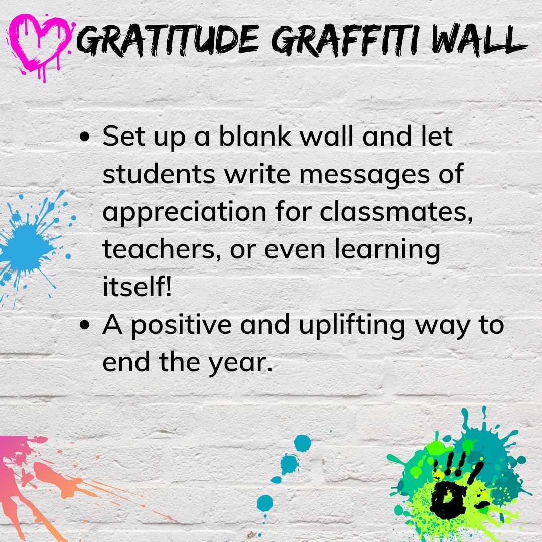 Let's spread the thanks!  #GratitudeGraffitiWall
Turn your hallway into a giant thank you note!  Students can write messages for classmates, teachers, or even learning itself.  ✏️

A positive way to end the year! #NMUDL #UDL #teachertip