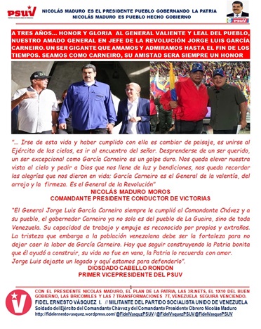 DESCARGUE AQUÍ wp.me/plhwe-9li y lea: 3 Años, Honor y Gloria  al General valiente y leal del Pueblo, nuestro G/J de la revolución Jorge Luis García Carneiro. UN SER GIGANTE QUE AMAMOS Y ADMIRAMOS HASTA EL FIN DE LOS TIEMPOS. SU AMISTAD SERA SIEMPRE UN HONOR <a href="/NicolasMaduro/">Nicolás Maduro</a>