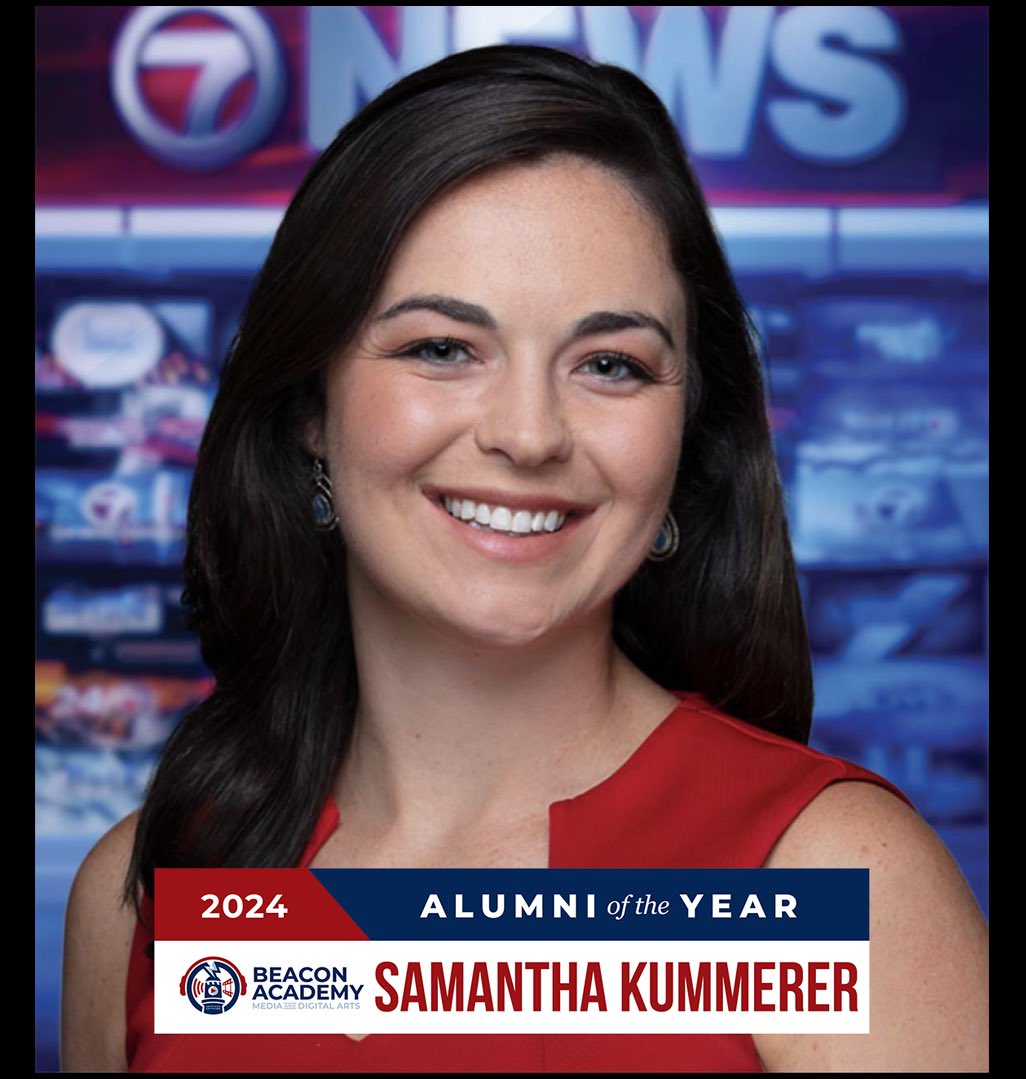 CONGRATULATIONS!  Samantha Kummerer our 2024 South Elgin High School (‘13) Beacon Academy Alumni of the Year recipient!  “Sam” is working and reporting in Boston, MA at WHDH 7.  She continues to be a relevant and professional resource for our current students and fellow alumni!