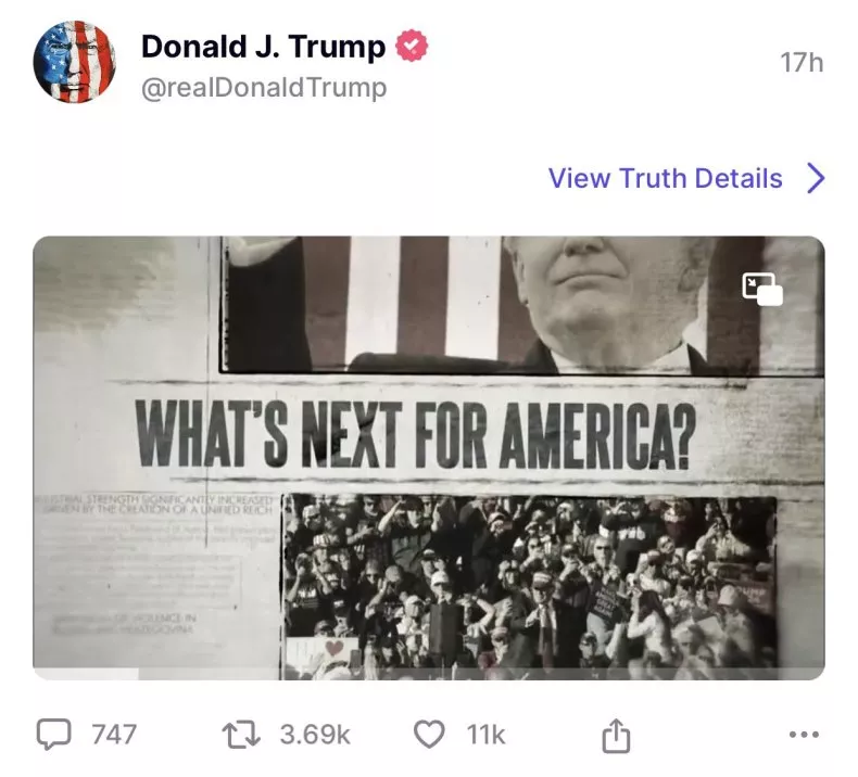 Donald Trump posted a video referencing the “creation of a unified Reich,” an antisemitic dogwhistle plainly evoking Nazi Germany—then removed it w/o apology. Like the upside-down flag, upside-down Bible & insurrection, it’s one more bread crumb dropped on the road to repression.