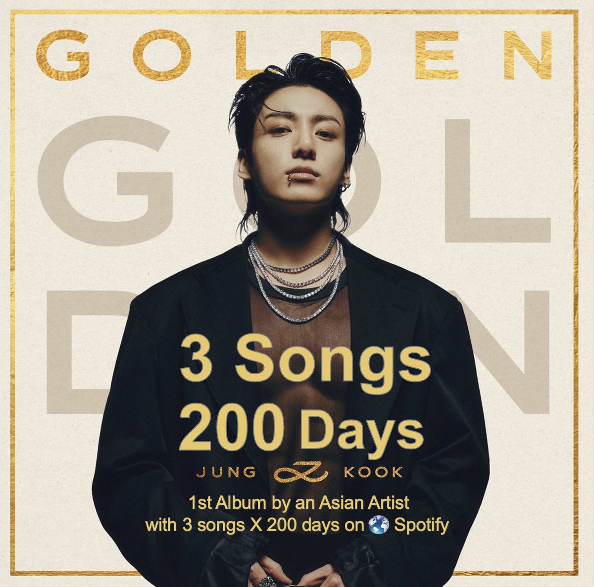 #JUNGKOOK's 'GOLDEN' is now the 1st Album by an Asian Act to have 3 songs spend 200 days on Global Spotify! 💪📀🥇🌏👨‍🎤💿📈3⃣🎶✖️2⃣0⃣0⃣🕛🌎🎧🔥👑🖤 GLOBAL POPSTAR JUNGKOOK #GOLDEN