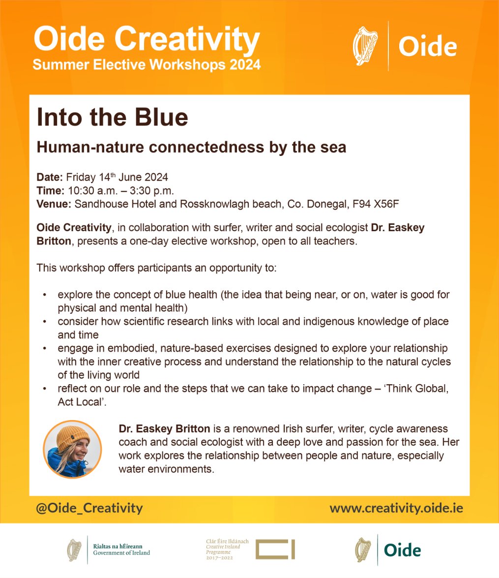 'Into the Blue' is one of the summer elective workshops being provided by @Oide_Creativity. This workshop looks at how being near water is good for health which has links to aspects of JC and some SC science subjects! Sign up here 👉 shorturl.at/hC568