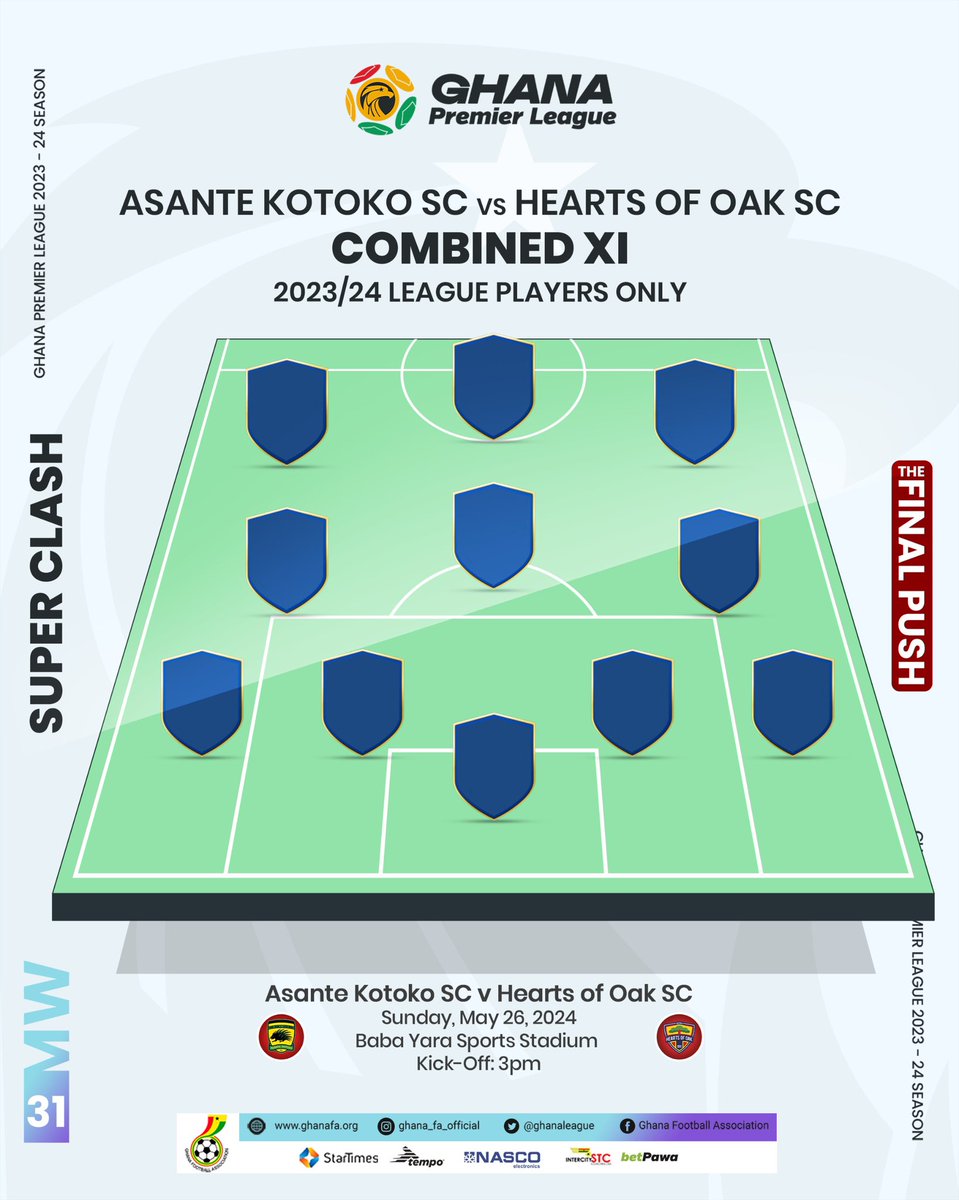 Who will make your combined Asante Kotoko & Hearts of Oak combined XI (2023/24 players only) 🤔

@AsanteKotoko_SC 🆚 @HeartsOfOakGH 
Sunday, 26th May, 2024. 

#GhanaPremierLeague | #SuperClash 🎭