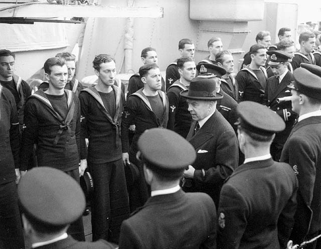 Rt. Hon. W.L. Mackenzie King, Prime Minister of Canada, inspecting Ship's Company of HMCS ASSINIBOINE (1940) (LAC a104239) #RCN #History