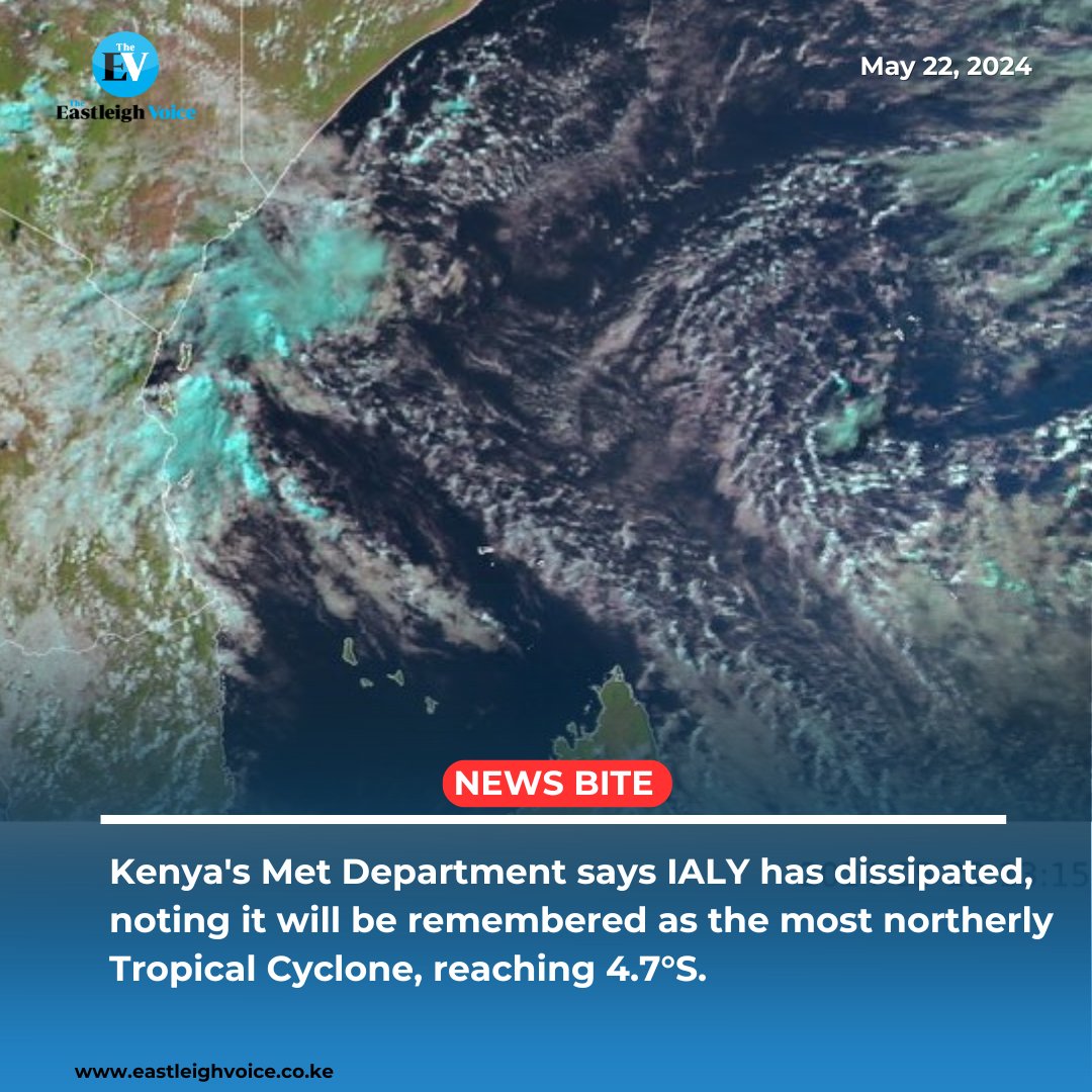 Kenya's Met Department says IALY has dissipated, noting it will be remembered as the most northerly Tropical Cyclone, reaching 4.7°S.
