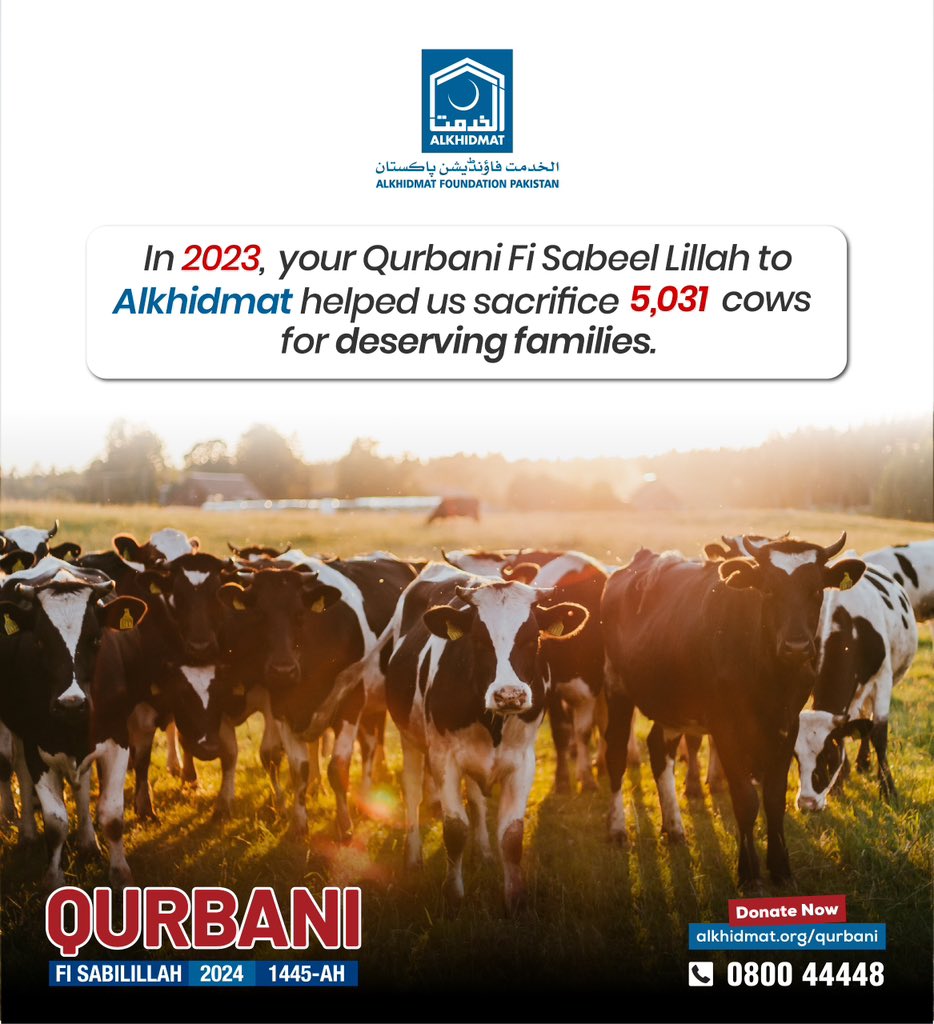 In 2023, your Qurbani Fi Sabeel Lillah to Alkhidmat helped us sacrifice 5,031 cows for deserving families.

🔴 Donate Now 👉 alkhidmat.org/qurbani
📞 0800 44 44 8
.
.
#Qurbani #Alkhidmat #EidulAdha #Donate #Needy #Meat #Eid2023 #Sacrifice