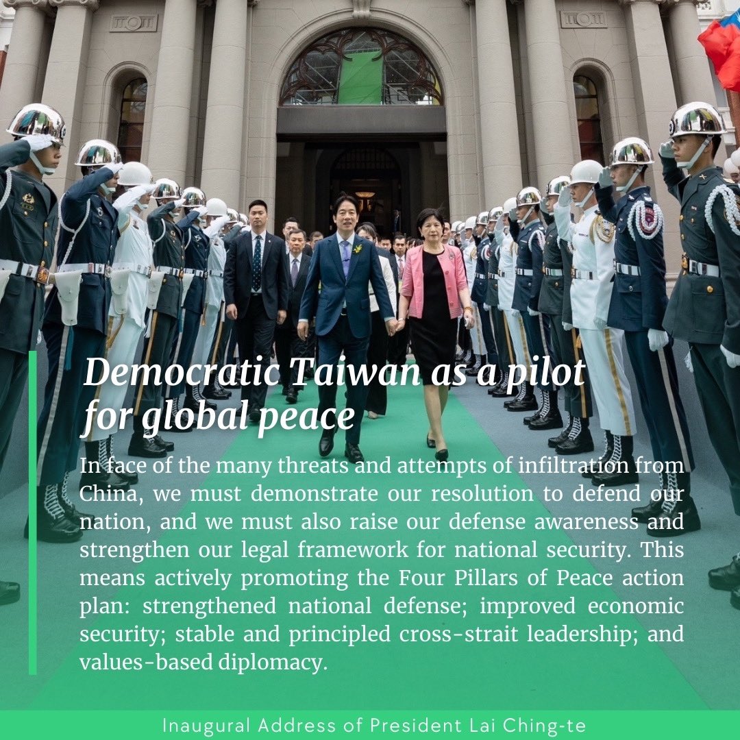 As President @ChingteLai highlighted in his inaugural address, #Taiwan  strives to show our unwavering commitment to become a beacon of democracy,  a force for global prosperity, and a pilot for peace. See