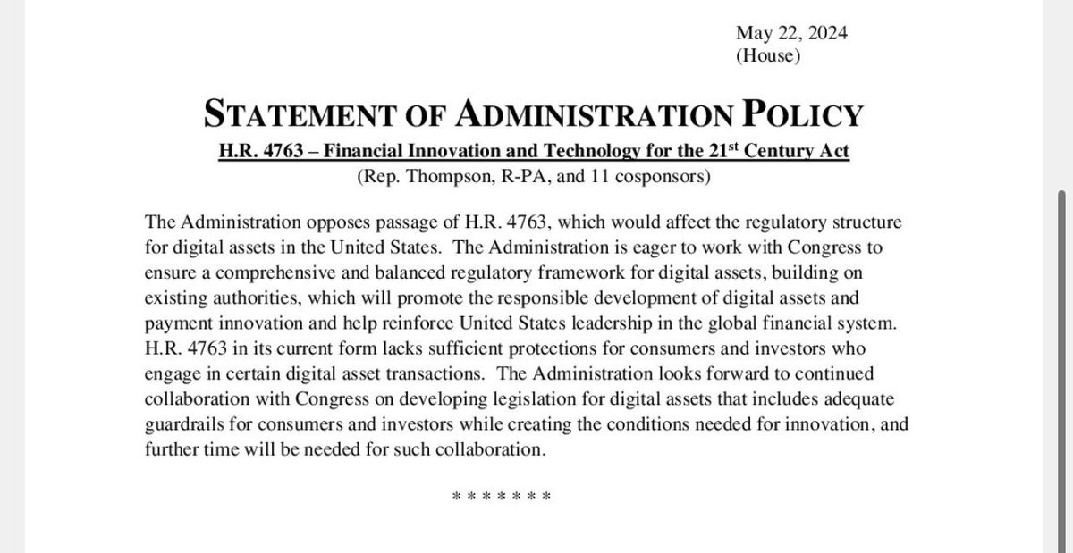 NEWS 🚨 The White House will not issue a veto threat against FIT for the 21st Century Act, the crypto market structure overhaul bill being voted on today. Flags 'concerns' but no veto threat. This is a huge win for crypto backers on the Hill punchbowl.news/file_5400-2/
