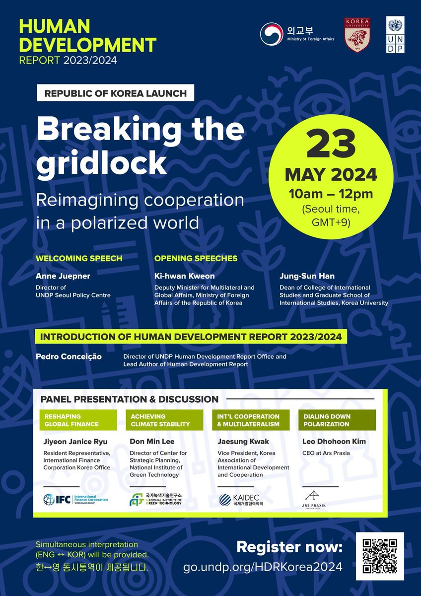 At 9pm NY time tonight, join us for the Korea launch of the 2023/24 #HumanDevelopment Report, featuring officials from @mofakr_Eng, @UNDP and Korea's leading decision-makers and thinkers. Register now to watch the event livestream: go.undp.org/HDRKorea2024 #HDR2024