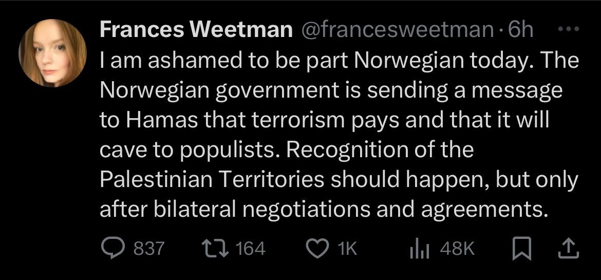 Only Weeto, a non-Jewish Brit could make Norway recognising Palestine about her.