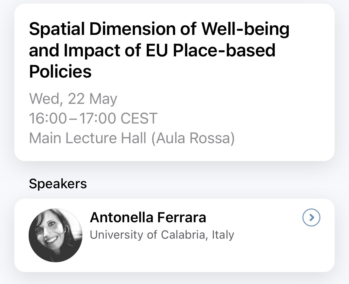 The final plenary presentation today at the Summer College @GSSISocialSci is by @antonella_ferra @UniCalPortale presenting on Spatial Dimension of Well-being and Impact of EU Place-based Policies