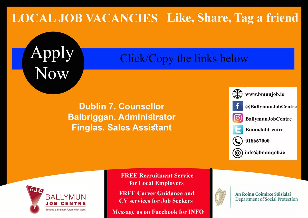 👉 Visit us at: Bmunjob.ie Vacancies #bmunjob #jobfairy #dublinjobS Dublin 7. Counsellor is.gd/Th1fxD Balbriggan. Administrator applegreen-stores.rezoomo.com/job/65367/ Finglas. Sales Assistant centra.ie/careers/vacanc…&