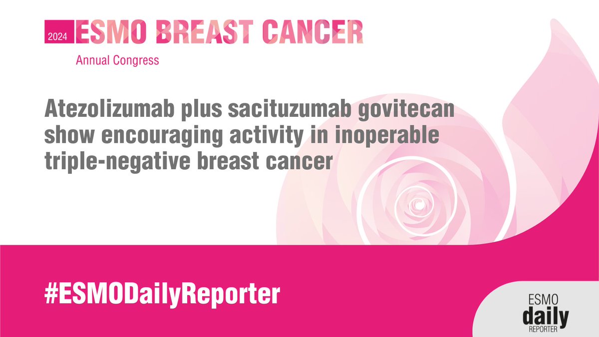 #ESMOBreast24: Atezolizumab + sacituzumab govitecan show encouraging activity in inoperable #TNBC. Efficacy & safety of the first-line novel combination were assessed in patients w/ untreated PD-L1 positive locally advanced or metastatic tumours. 👉 ow.ly/AFI750RQJuJ