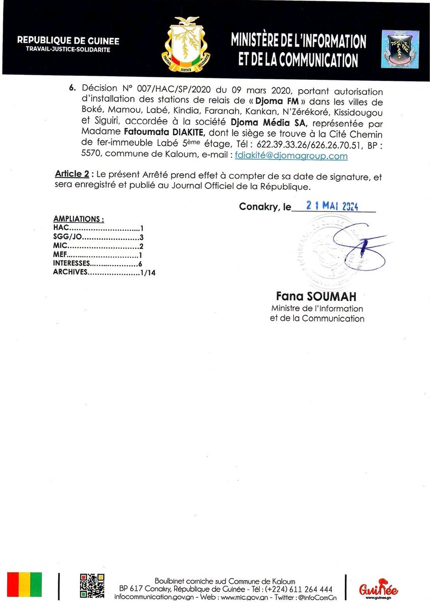 #Guinée | Les agréments des radios et télévisions privées retirés pour "non-respect du contenu des cahiers de charges" ⬇️