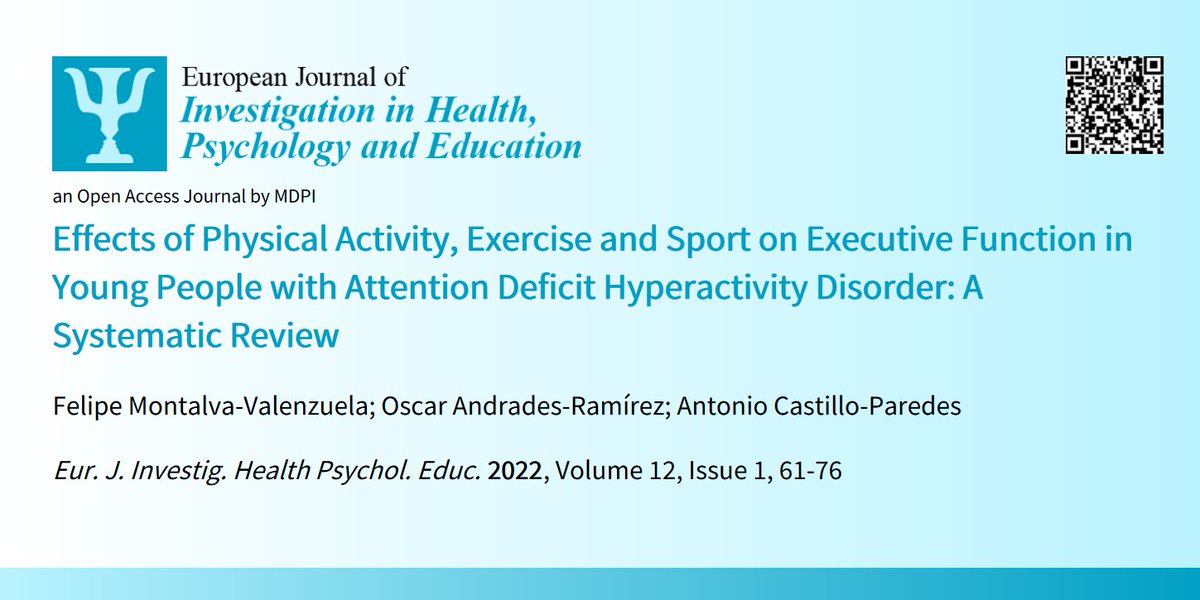 EJIHPE_MDPI's tweet photo. Check this 𝗵𝗶𝗴𝗵𝗹𝘆 𝗰𝗶𝘁𝗲𝗱 𝗽𝗮𝗽𝗲𝗿 at 𝘌𝘑𝘐𝘏𝘗𝘌 out : https://t.co/Bep2k2H23M

«Effects of  #PhysicalActivity, [...] in Young  People with #ADHD: A Systematic Review»
by Felipe Montalva-Valenzuela, Óscar Andrades-Ramírez and Antonio Castillo-Paredes
from 🇨🇱 @UDLA_CL https://t.co/bBhibTDaNG