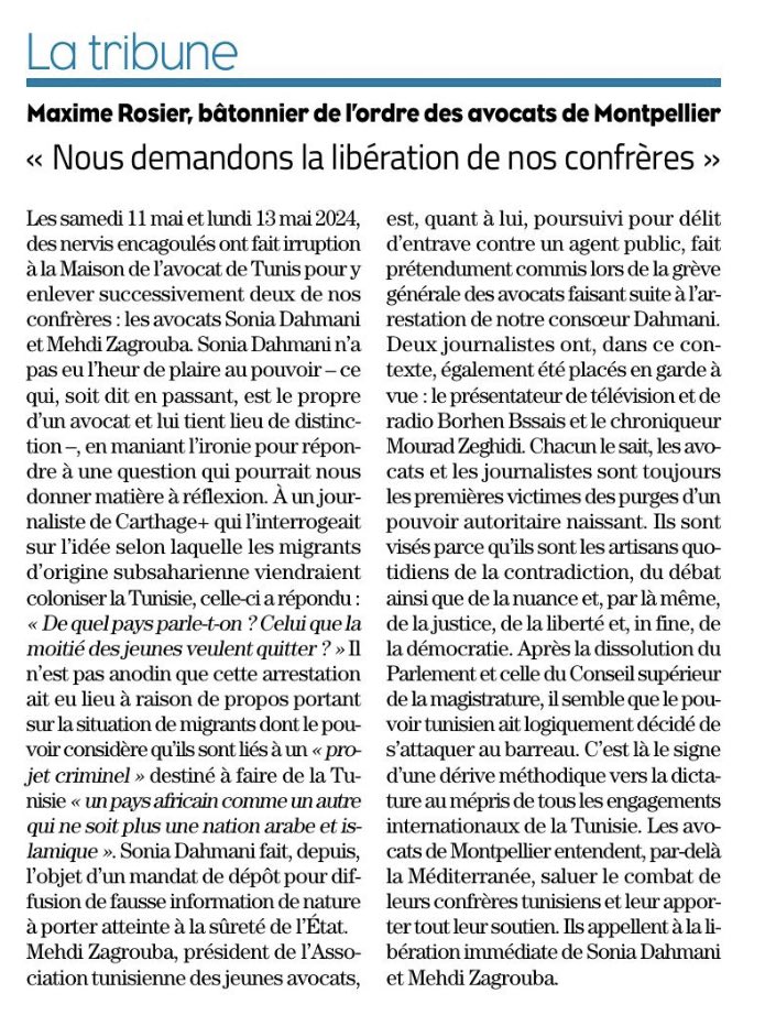 Barreau de Montpellier (@barreaumtp) on Twitter photo La Tribune dans <a href="/MLMontpellier/">Midi Libre Montpellier</a> de M. le bâtonnier Rosier pour le barreau de #Montpellier sur l’arrestation de #SoniaDahmani #MedhiZagrouba à #Tunis La Tribune dans <a href="/MLMontpellier/">Midi Libre Montpellier</a> de M. le bâtonnier Rosier pour le barreau de #Montpellier sur l’arrestation de #SoniaDahmani #MedhiZagrouba à #Tunis