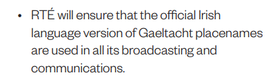 CnaG's tweet photo. Níl ach leagan amháin oifigiúil de logainmneacha Gaeltachta agus is i nGaeilge atá siad.

➡️ Scéim Teanga RTÉ:
cc: @rte, @rtenews https://t.co/dMrwPSFx7M