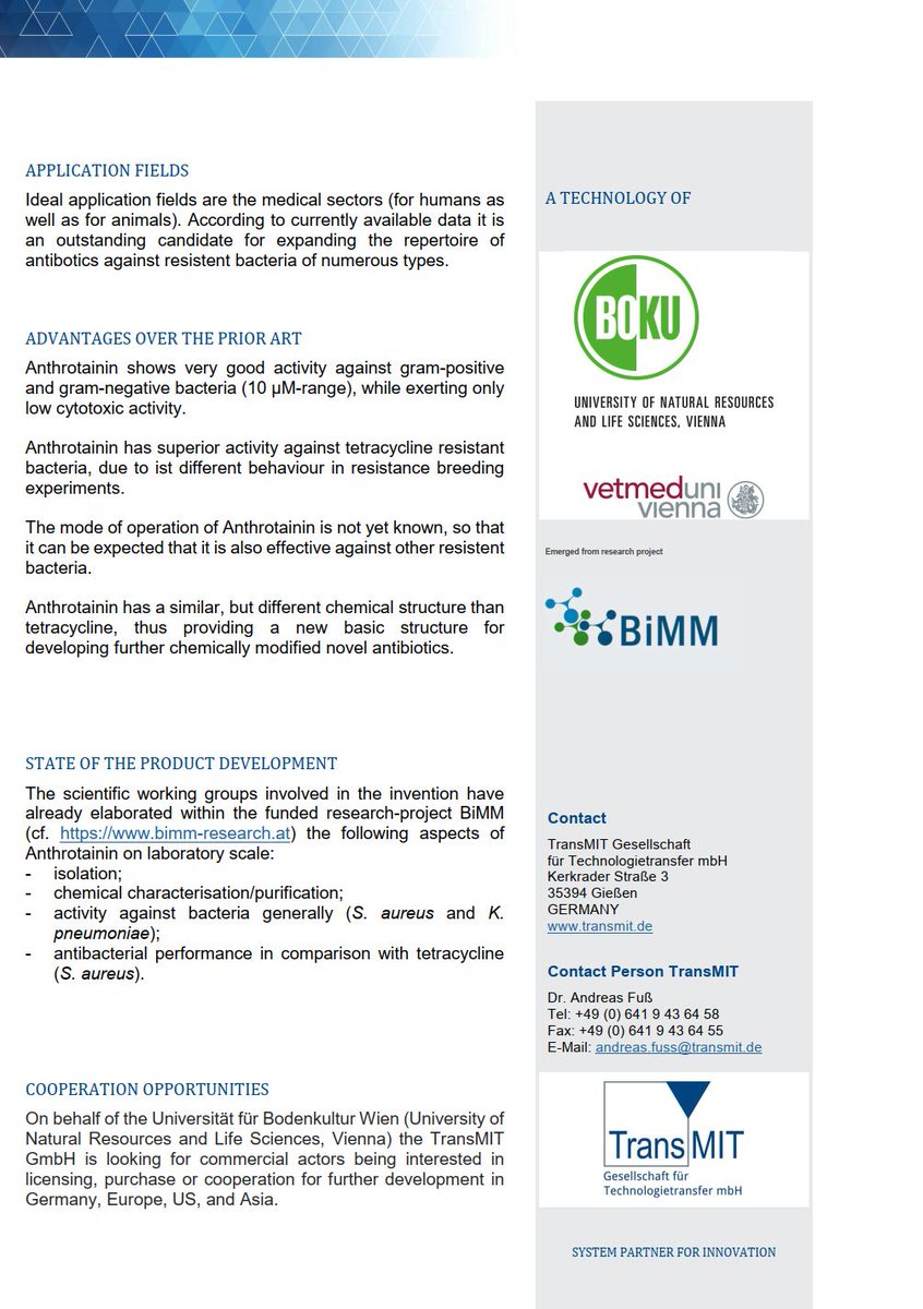 TransferAllianz e.V. (@tallianzev) on Twitter photo Neues Forschungsergebnis auf dem Gebiet der #Antibiotika von der Universität für Bodenkultur, Wien
I.A. der Universität für Bodenkultur Wien sucht unser Mitglied <a href="/TransMITGmbH/">TransMIT GmbH</a> nach kommerziellen Akteuren.
Dieser Post ist ein Mitgliederservice der #TransferAllianz.
#Transfer Neues Forschungsergebnis auf dem Gebiet der #Antibiotika von der Universität für Bodenkultur, Wien
I.A. der Universität für Bodenkultur Wien sucht unser Mitglied <a href="/TransMITGmbH/">TransMIT GmbH</a> nach kommerziellen Akteuren.
Dieser Post ist ein Mitgliederservice der #TransferAllianz.
#Transfer