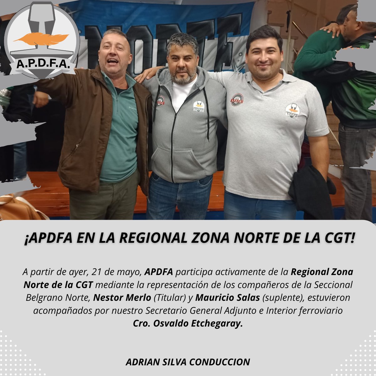 APDFA EN LA REGIONAL ZONA NORTE DE LA CGT!
APDFA participa de la Regional Zona Norte de la CGT con los compañeros de la Secc. Belgrano Norte, N. Merlo (Titular) y M. Salas (suplente), estuvieron acompañados por nuestro Directivo Nac. Osvaldo Etchegaray
<a href="/ApdfaAdrian/">Silva Adrian Apdfa</a> 
<a href="/cgtoficialok/">CGT</a>