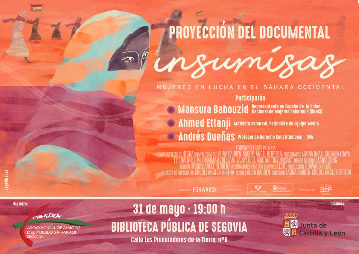 🎥 Únete a nosotras para una proyección de #Insumisas el 31 de mayo a las 19:00 en la Biblioteca Pública de Segovia y descubre la extraordinaria historia de resistencia de las mujeres saharauis contra la violencia y la ocupación @Instituto_Hegoa @thatforward @euskalfondoa1