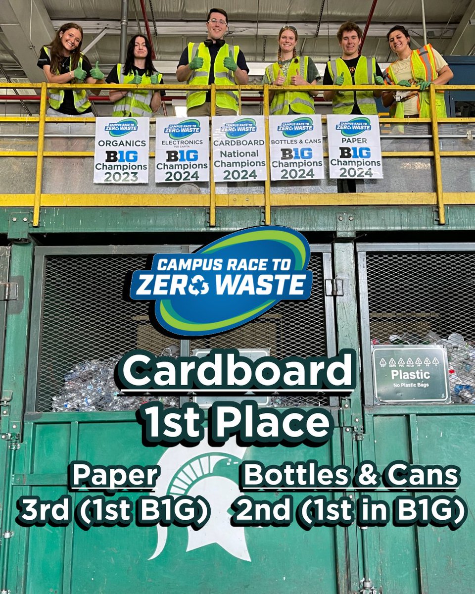 MSU_Recycling's tweet photo. We are excited to announce that we recycled more cardboard than any other school during the 2024 @campusrace2zero competition! Thank you to everyone who recycled on campus to help us achieve these honors, including first place in the @bigten for paper and bottles &amp; cans. https://t.co/o3OszRIu6Y