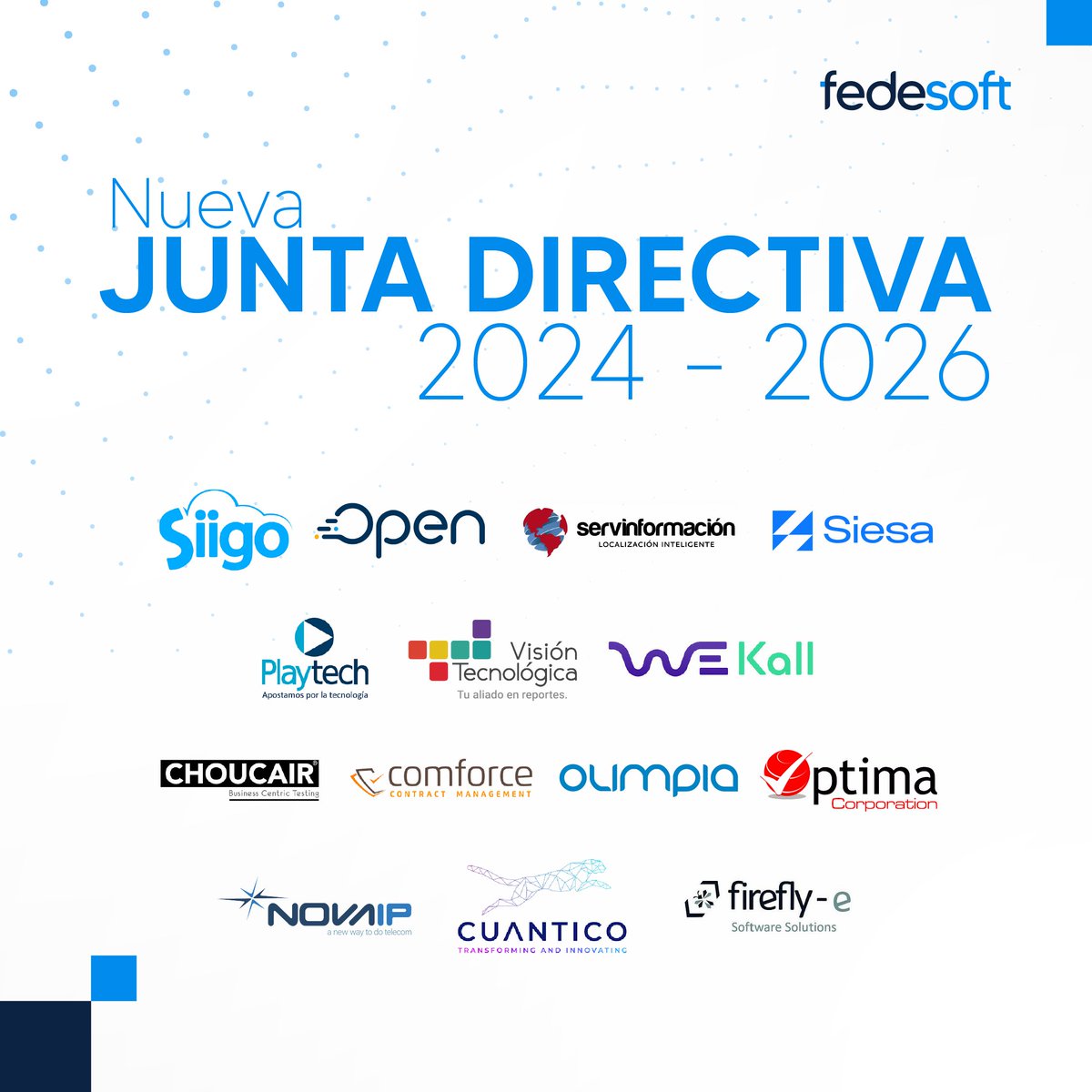 Con inmenso orgullo presentamos a ustedes la nueva Junta Directiva de <a href="/FedesoftCol/">Fedesoft Colombia</a>. 
Juntos seguiremos trabajando para lograr una #ColombiaOrigenDeSoftware🇨🇴🚀
A la Junta Saliente, todo nuestro agradecimiento por su trabajo y compromiso con la Industria y con la Federación.