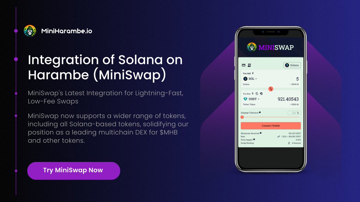 MiniSwap now supports a wider range of tokens, including all Solana-based tokens, solidifying our position as a leading multichain DEX (Decentralized Exchange) for $MHB and other chain's token.

MiniSwap: miniharambe.io/swap

#MHB #MiniHarambe #MiniSwap #Harambe