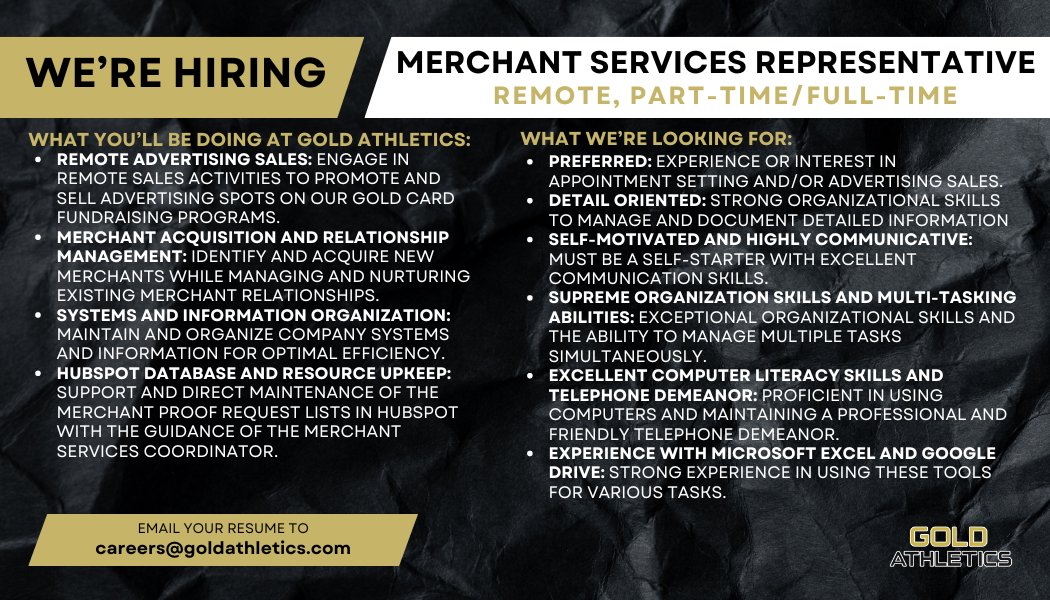 Join Gold Athletics as a merchant services representative! We offer part-time and full-time remote positions for those with experience or interest. Send your resume to careers@goldathletics.com! #RemoteJobs #MerchantServices #NowHiring