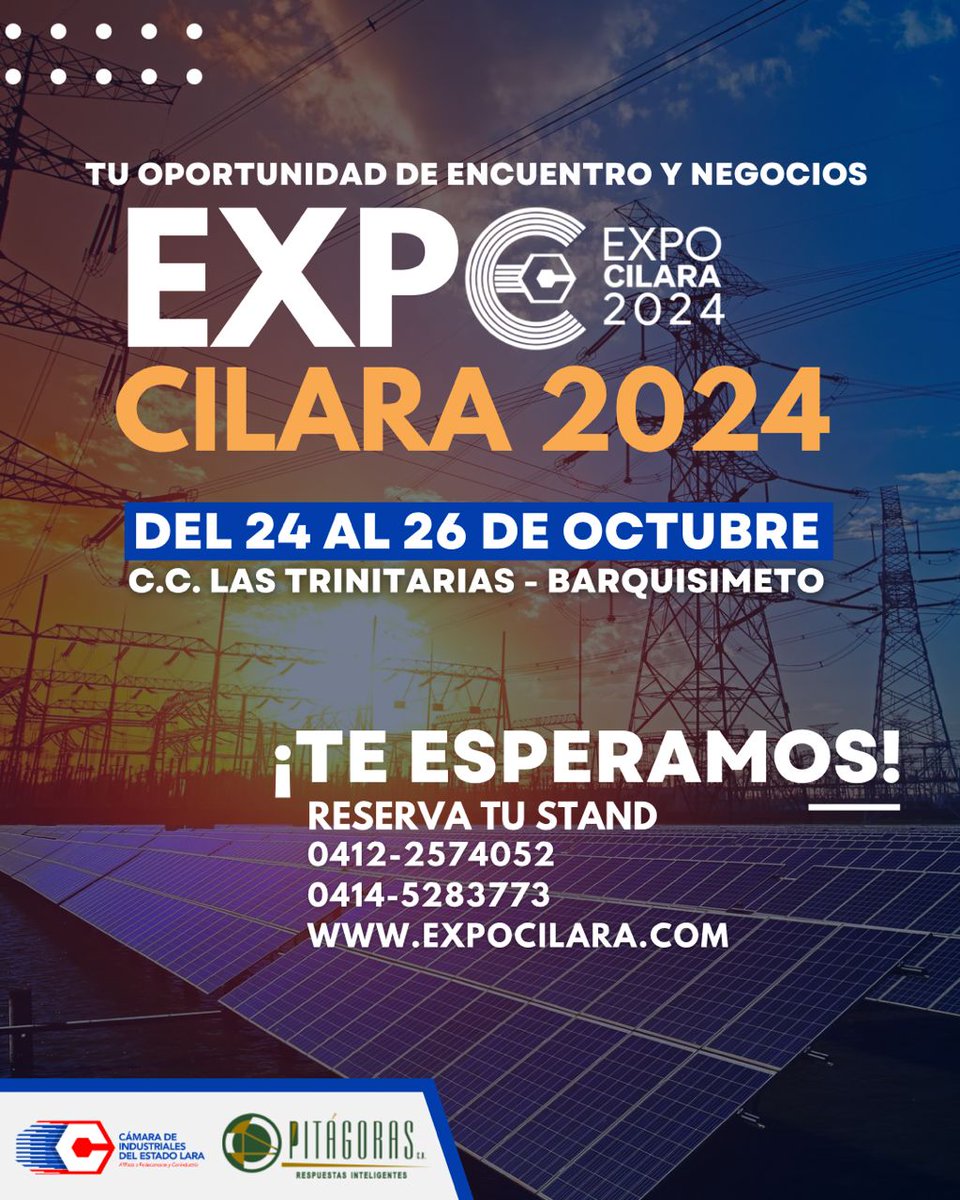 Vuelve la Expo Cilara!
La edición 2024 será del 24 al 26 de octubre en el estacionamiento techado de Ciudad Comercial Las Trinitarias. 
2000 metros² de exposición empresarial e industrial de productos y servicios hechos en Venezuela. 
📱0412-2574052 0414-5283773