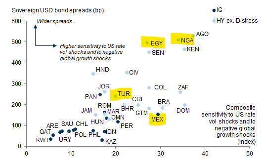 1) Goldman Sachs'ın EM USD kıymetleri raporundaki MUHTEŞEM grafik 
Neden muhteşem ? Çünkü grafik yukarı doğru ilgili ABD tahvili ile arasındaki spreadi - yana doğru ABD faiz şoklarına olan duyarlılığını gösteriyor. Daha önce değindiğim 4 ülkeyi (birisi Türkiye) işaretledi.