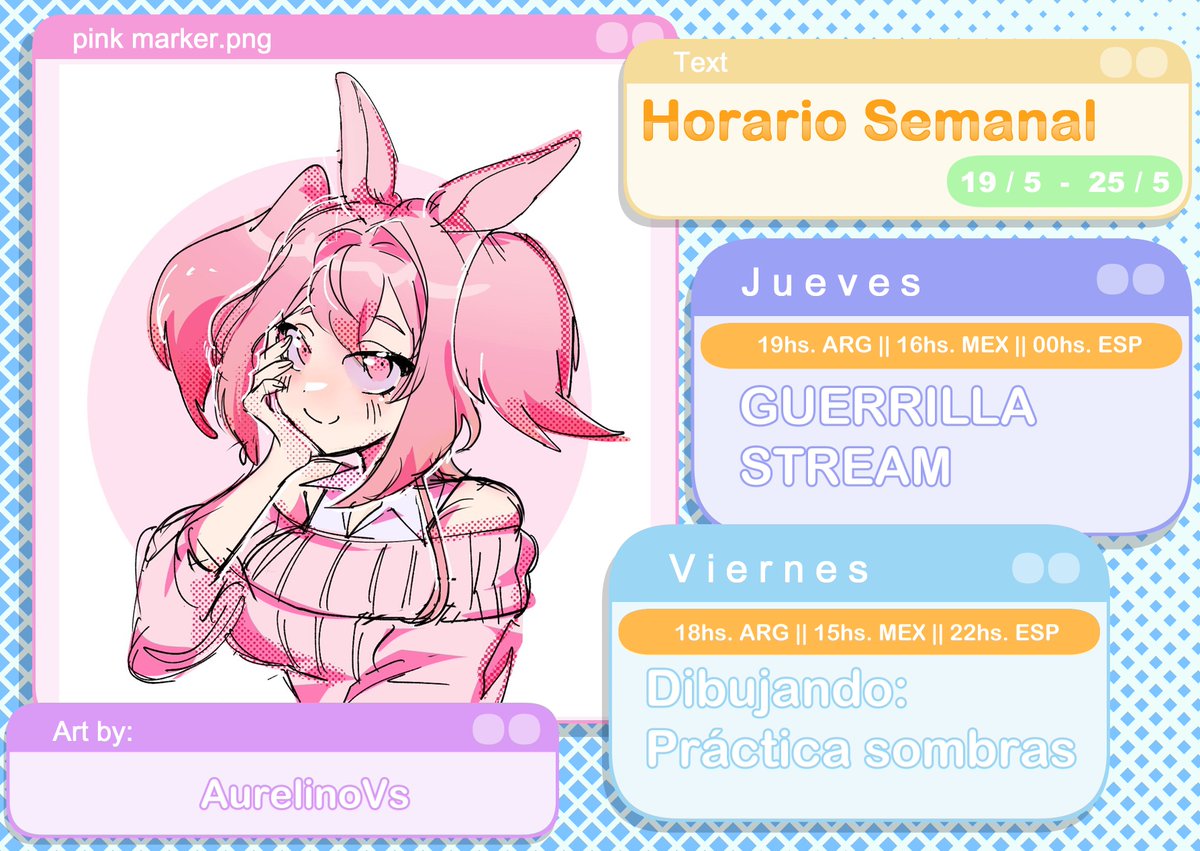 pink_mvstreamer's tweet photo. ❣ Horario Semanal ❣
【Semana del X - X】
Oshi mark: ❣🐰🖍
🎨#PinksGallery
🐰#PinksMeems
❣Redes: https://t.co/GbOtmLfPUK
❣Coms: https://t.co/FD6Q6NKj2U
🖌: @/AurelinoVs
#vtubers #VtuberPost5月号 https://t.co/3ZDCinRPyD