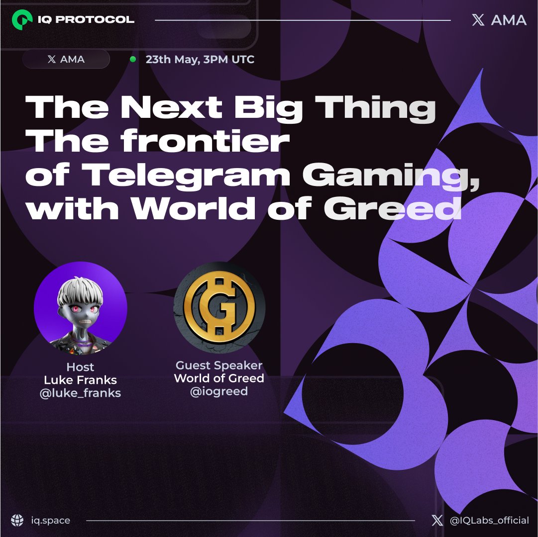 Join us for The Next Big Thing 𝕏 Spaces w/ @iogreed – one of the fastest growing @telegram games, gaining 200K players in just 3 weeks! Find out how, as host @luke_franks explores The Frontier of Telegram Gaming w/ World of Greed’ 🎙️x.com/i/spaces/1BRJj… ⏰May 23, 3PM UTC