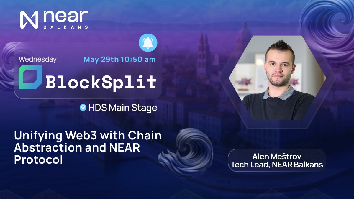 NEARbalkan's tweet photo. We are happy to announce that our tech lead @AlenMestrov will be speaking on @blocksplit, where the attendees will get a chance to learn all about Chain Abstraction and Chain Signatures on @NEARProtocol🔥 
📅29.05, 10:50 CET
📍Main Stage

#Blocksplit #NEARProtocol #Web3 https://t.co/krisolBfDn