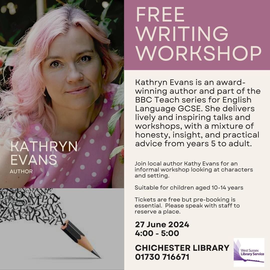 A great opportunity to join <a href="/KathrynEvansInk/">💙 Kathryn Evans is on instagram</a> for a workshop at #Chichester Library.

Book your place!

#writing #workshops