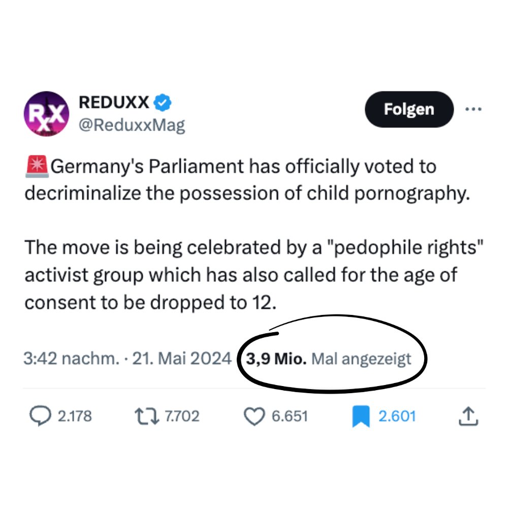 Deutschland senkt Strafen für Besitz von Kinderp#rnografie. Fast 4 Millionen Menschen sehen diesen Post von @ReduxxMag. Das ist unser Image in der Welt.