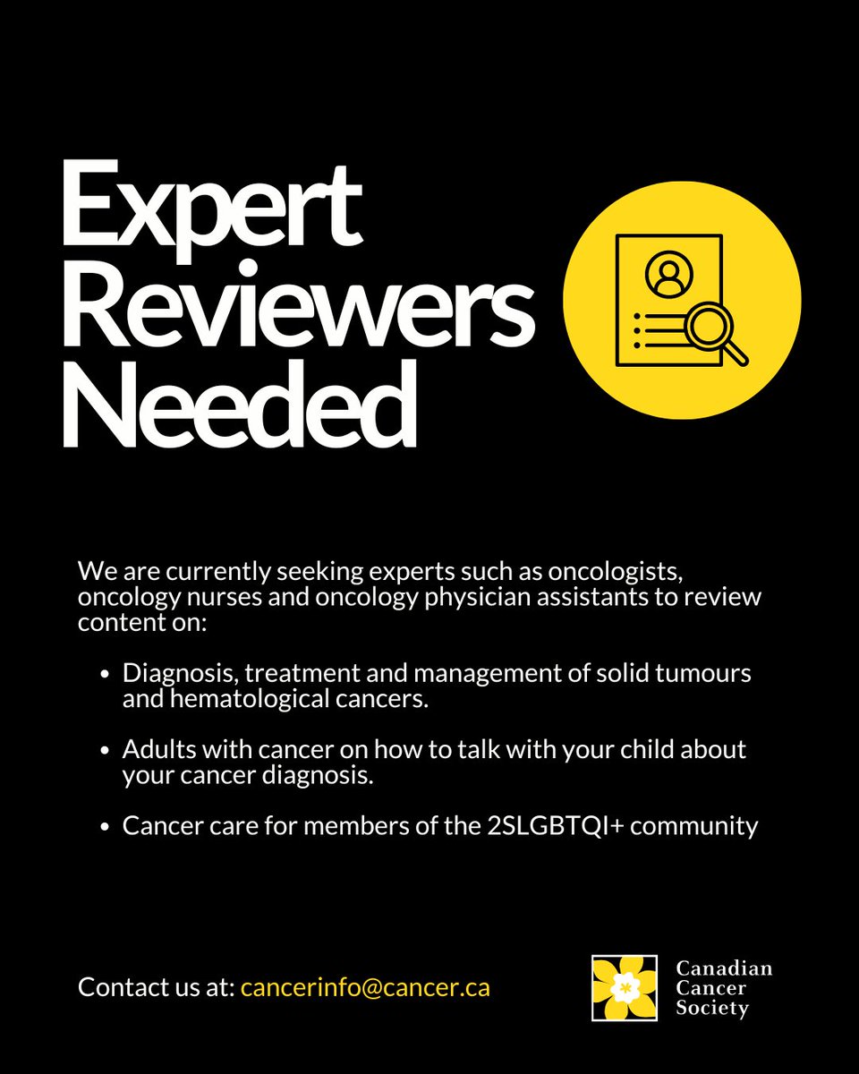 cancersociety's tweet photo. ATTN oncologists, oncology nurses and oncology physicians assistants... We are actively looking for expert reviewers! 

Our Cancer Information team is seeking expert reviewers to support content on a wide variety of topics.

If interested, please contact us at cancerinfo@cancer.ca!