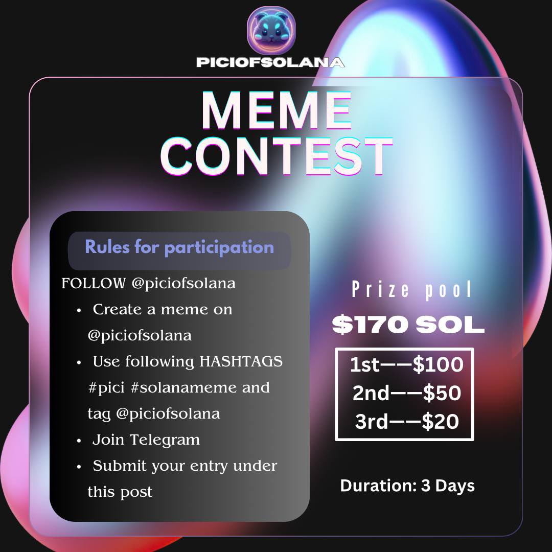 Hello PICI community! 🐹

We are excited to announce our latest meme contest where you can win amazing prizes just by spreading the word about PICI .

Contest Details: ✨

Prizes: (in Sol )

  1. 1st Prize: $100 
  2. 2nd Prize: $50
  3. 3rd Prize: $20

Contest Period:
  - Start