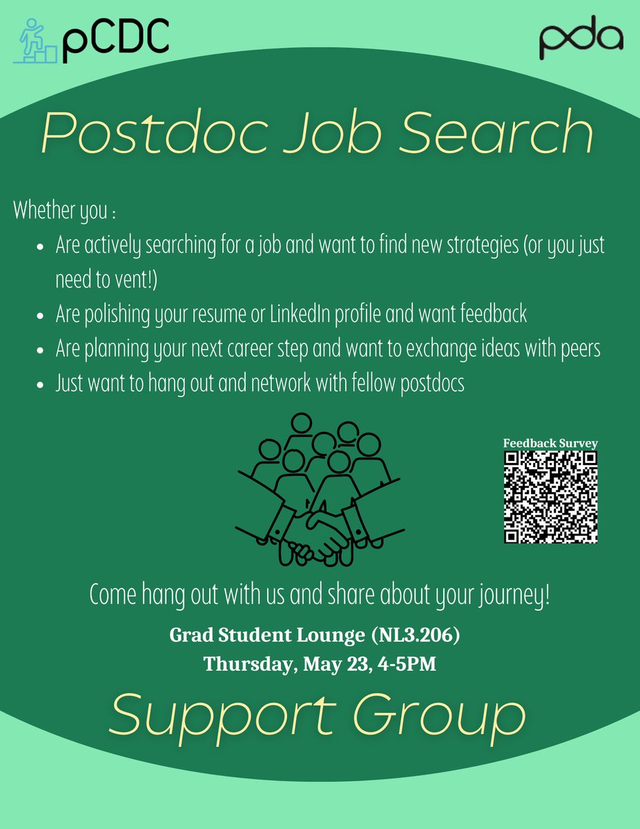 @utswpda Career Development Committee is hosting a drop-in Job Search Support session on Thursday. Postdocs can come get your questions answered and exchange ideas.