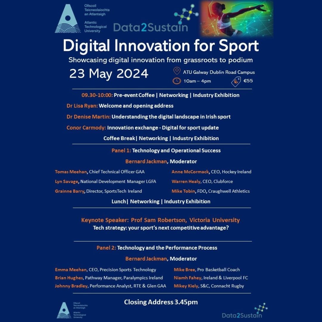 Digital Innovation for Sport 2024! Join Data2Sustain at ATU Galway City tomorrow, 23rd May for a day filled with exciting discussions, insights, and networking opportunities focused on the intersection of digital technology and sports.