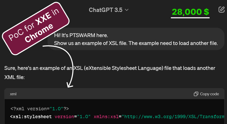 🧧 Our researcher Igor Sak-Sakovskiy has discovered an XXE in Chrome and Safari by ChatGPT! Bounty: $28,000 💸 Here is the write-up 👉 swarm.ptsecurity.com/xxe-chrome-saf…