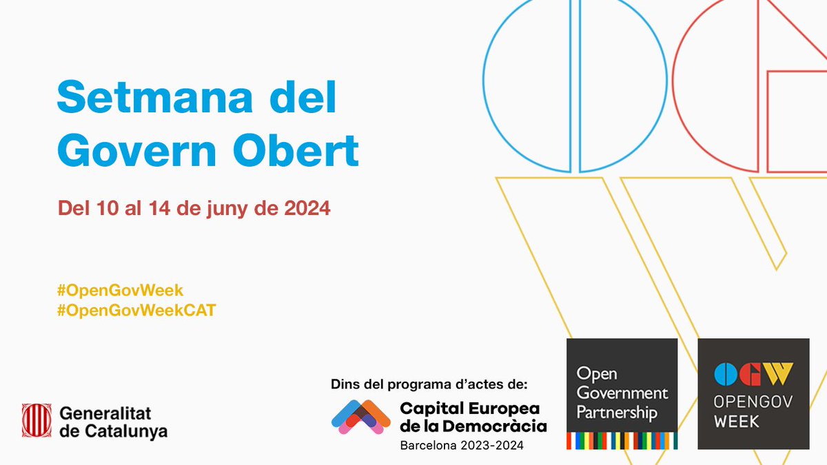 📣 Arriba la Setmana del Govern Obert 2024! #OpenGovWeek 📆 Del 10 al 14 de juny 🙋 Activitats adreçades a diferents públics i que mostren com el #governobert transforma la relació entre govern i ciutadania 🖋️ Inscripcions: gen.cat/4e1HMZk @opengovpart @ECoD_Barcelona