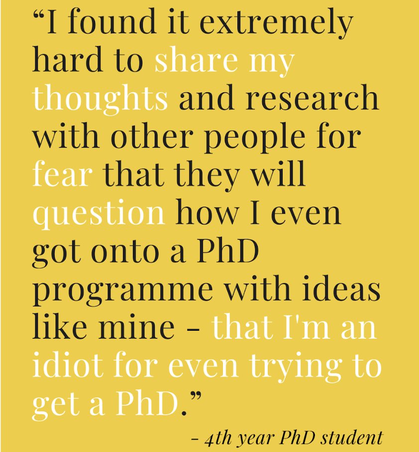 If you have ever felt the effects of Imposter Syndrome, check this link: ow.ly/sjy950RR2Tw for a number of resources to help you battle these feelings through the PG Imposter Phenomenon Project. Shown are a collection of quotes from PhD students experiencing this phenomenon