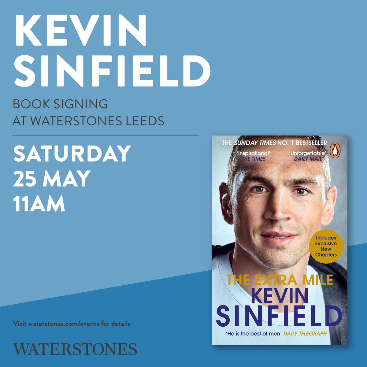 🏉 Meet Kevin Sinfield! 📅@WaterstonesLeeds will be welcoming Kevin Sinfield for a signing on Saturday 25th May at 11am 🖋️Kevin will be signing paperback copies of his best selling book #TheExtraMile No ticket needed, but spaces are first come first served