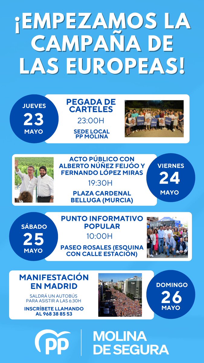 🇪🇺 Mañana jueves 23 de mayo iniciamos la campaña de las #EleccionesEuropeas2024 con la tradicional pegada de carteles.

🔵 Contamos contigo para participar en los actos de este fin de semana que vamos a realizar para dar a conocer la importancia de estos comicios.

😉 ¡Súmate!