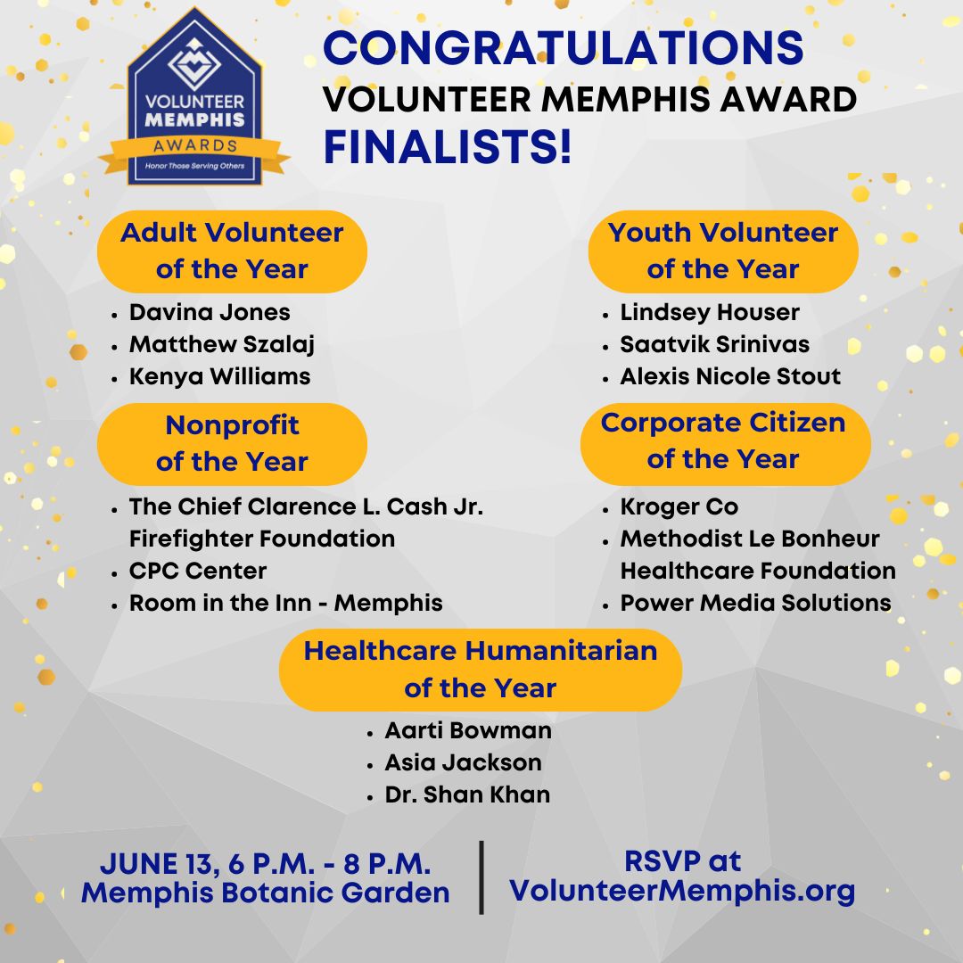 Here are the top three finalists in each category for our Volunteer Memphis Awards! 🎉 See who will win at our Volunteer Memphis Awards sponsored by @IntlPaperCo & @MemphisTravel on June 13 at Memphis Botanic Gardens! Get your tickets today: eventbrite.com/e/7th-annual-v…