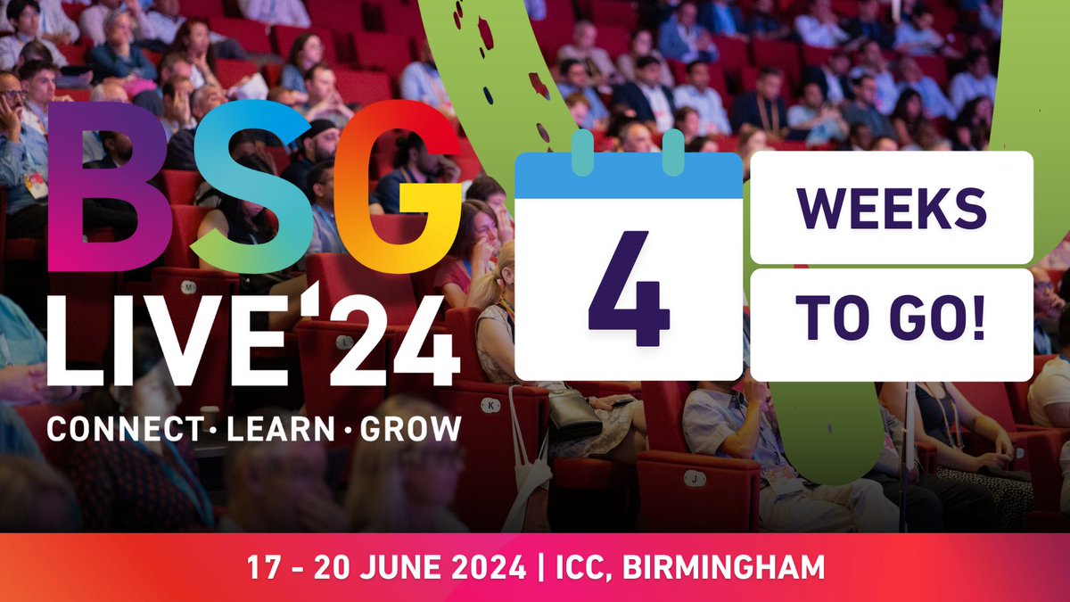 Less than 4 weeks to go until #BSGLIVE24 kicks off in Birmingham on 17th - 20th June! 🤩 Check out the full agenda online and plan your schedule for this year's 4-day conference. If you haven't already, register today to join us next month! 🙌 live.bsg.org.uk/register/